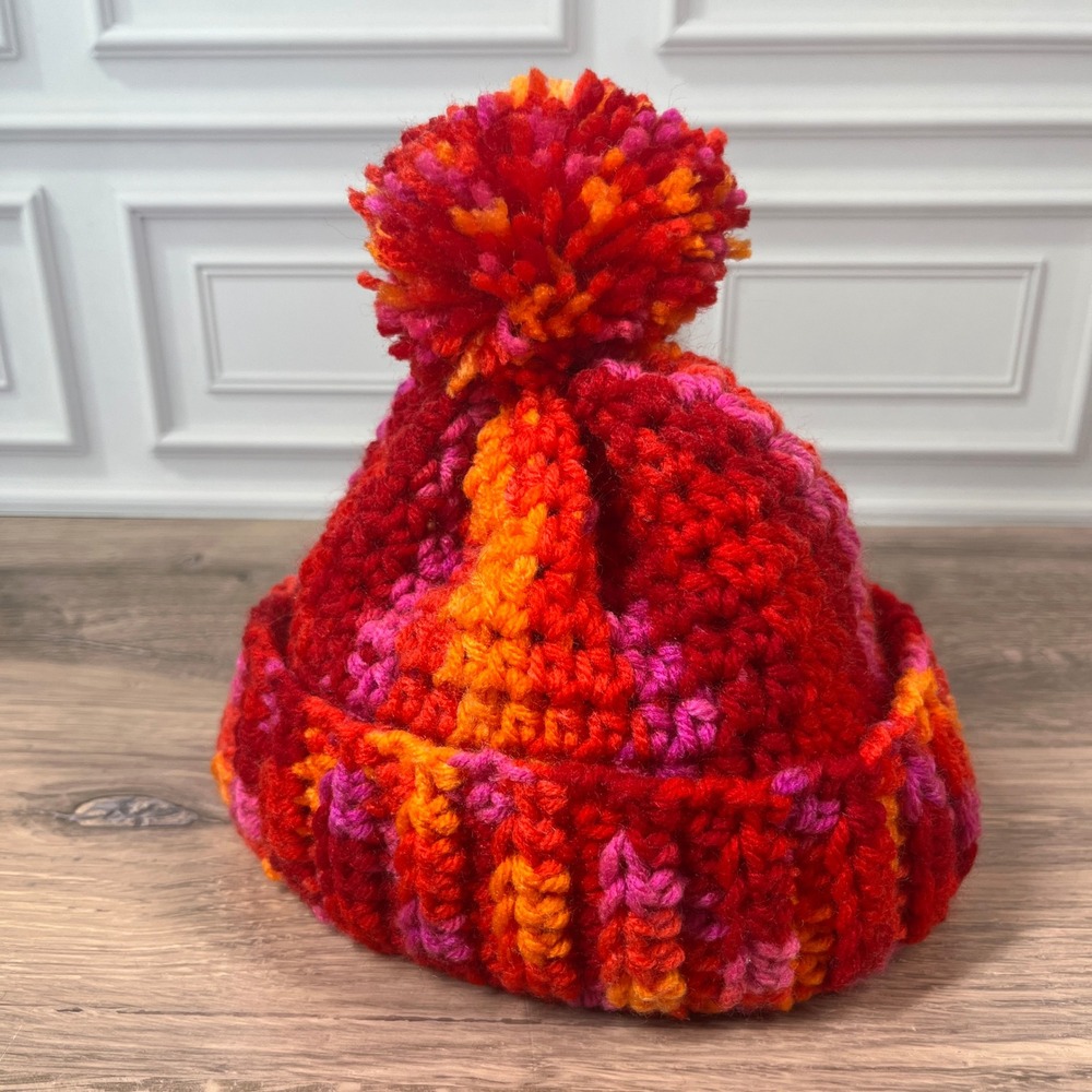 Handmade‎ Crochet Beanie Kids Red Orange Pink Pom Pom Winter Hat
